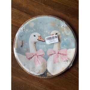 NEW PRIMITIVE Geese Pink Bows Canvas Print Wood Framed Whimsy Cottage Core